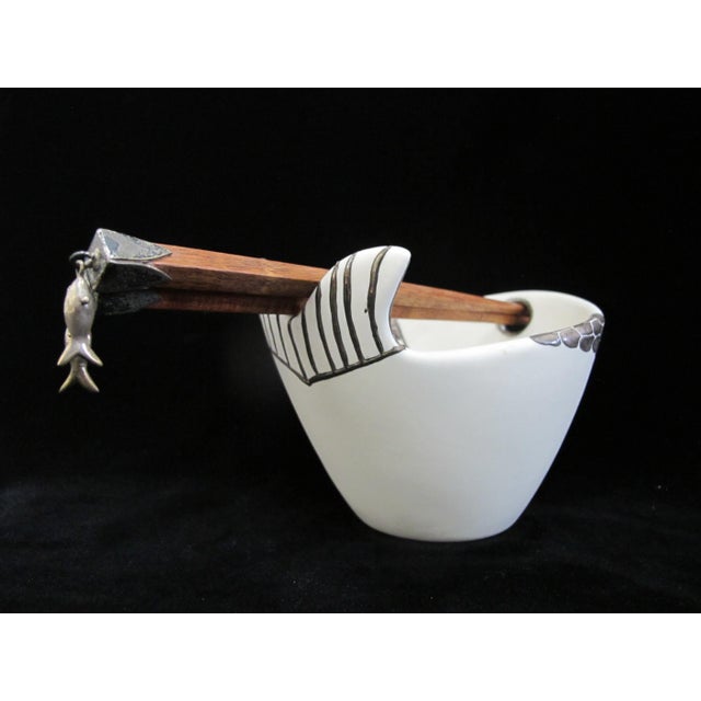 Emilia Castillo "Plata Pura" sterling silver overlay ceramic fish bowl complete with a built in chopstick holder and wood...