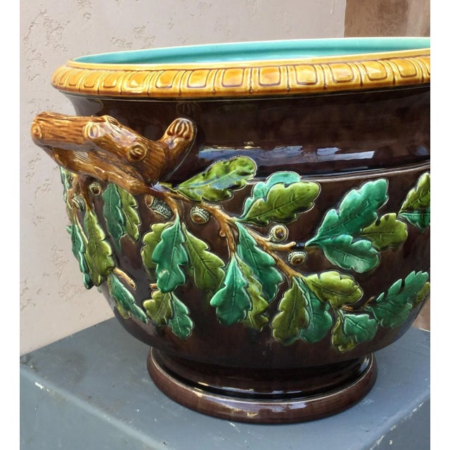 19th century monumental majolica oak leaves cache pot planter signed Sarreguemines number 1649.