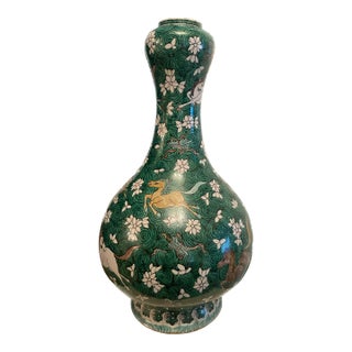 Large 19th Century Chinese Biscuit Sancai - Glazed Garlic Neck Vase With Horses For Sale