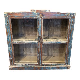 1990s Distressed Blue Apothecary-Style Display Cabinet For Sale