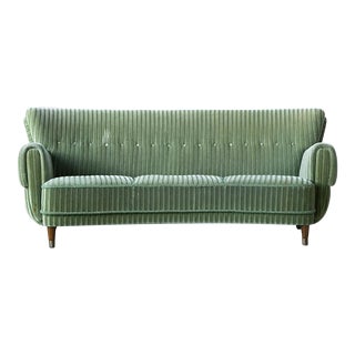 Danish Circa 1950 Curved Sofa in Green Mohair and Brass Capped Legs For Sale