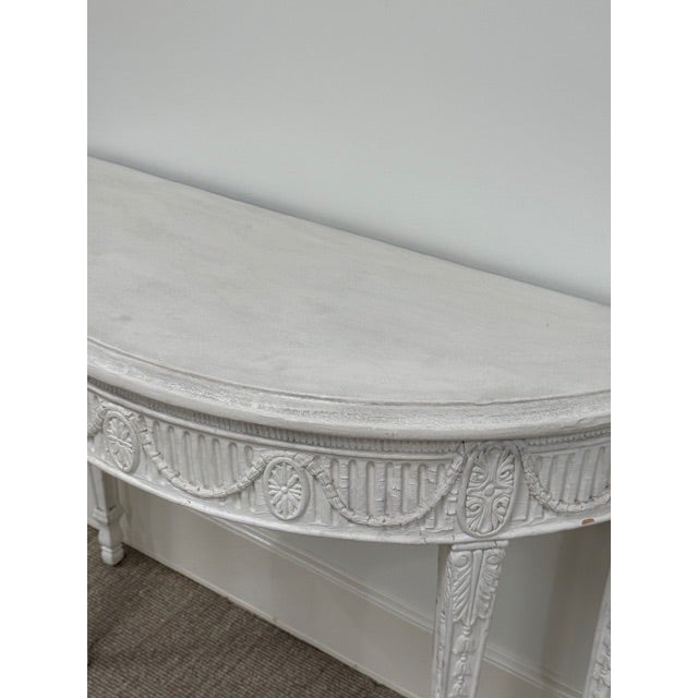 Wood Late 19th Century Louis XVI Ornately Carved Wood Demi-Lune With White Gesso Finish For Sale - Image 7 of 8