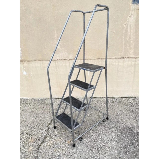 Vintage Ballymore Warehouse Garage 4 Step Metal Rolling Safety Ladder With Rails For Sale - Image 10 of 10