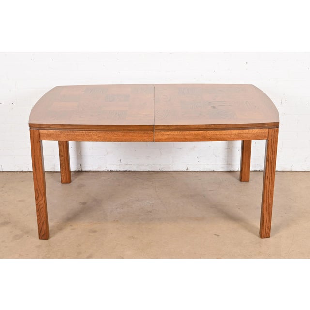 Thomasville Mid-Century Modern Patchwork Oak Parsons Extension Dining Table, Newly Refinished For Sale - Image 9 of 12