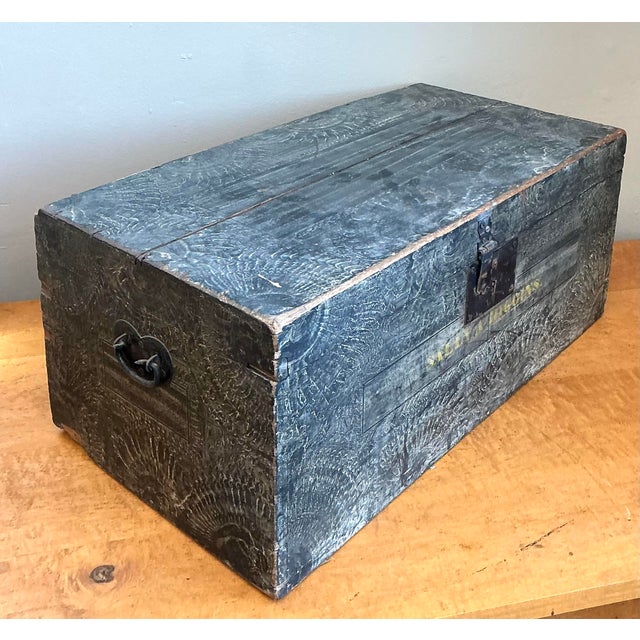 Stone Gray Vintage Hand Painted Wooden Trunk For Sale - Image 8 of 12