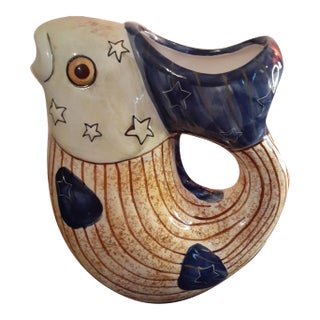 1980s Hand Painted Ceramic Carol Endres Signed Fish Shaped Pitcher For Sale