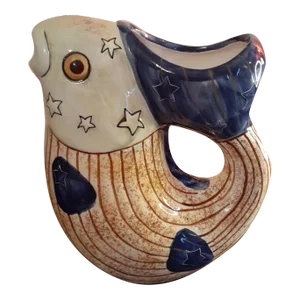1980s Hand Painted Ceramic Carol Endres Signed Fish Shaped Pitcher