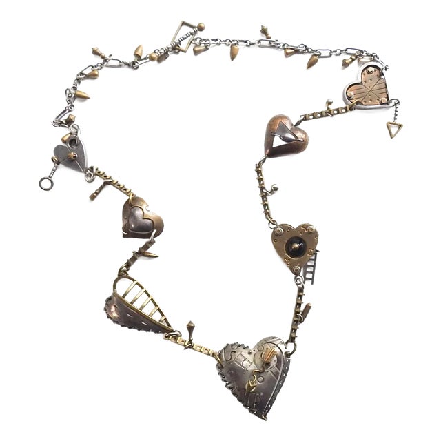 Vintage Thomas Mann Sterling and Brass Heart Charm Necklace For Sale