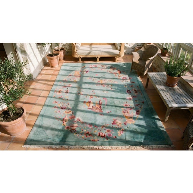 1920s Green Vase Floral Antique Chinese Art Deco Carpet 8'6" X 11'4" Knotted Wool Rug For Sale - Image 17 of 18