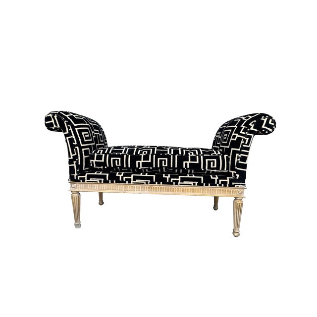 Wood 1940s Louis XVI Style Curved Arm Benches in a Geometric Black and White Fabric For Sale - Image 7 of 10