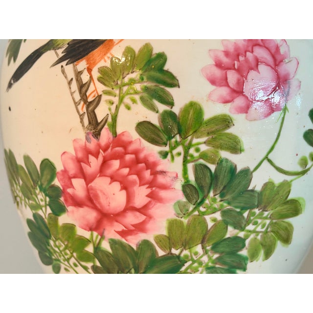 Pair of Chinese Famille Rose Chinoiserie Porcelain Handpainted Ginger Jar Table Lamps, Pink and Green Floral With Birds and Calligraphy For Sale - Image 10 of 18
