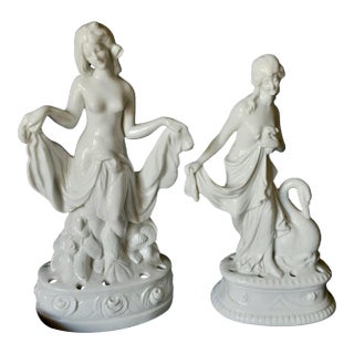 Pair Antique Art Deco Porcelain Flower Frogs, Garden Figurines, Flower Arraigning For Sale
