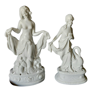 Pair Antique Art Deco Porcelain Flower Frogs, Garden Figurines, Flower Arraigning