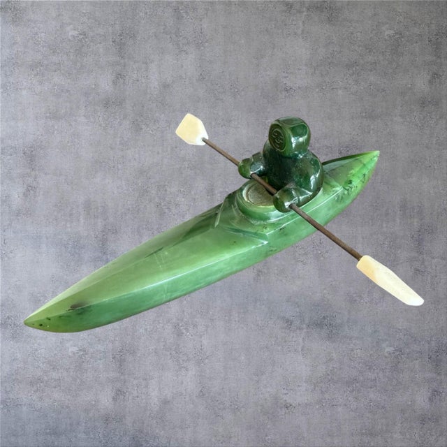 Vintage Inuit Jade Carving Hunter in Kayak Sculpture Hand Carved Canada Art 5" For Sale - Image 9 of 9