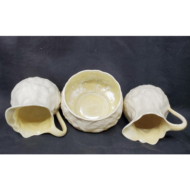 1930s Vintage 3 Piece Belleek Lotus - 2 Creamers and 1 Open Sugar Bowl - TMK-3 - 3rd Black Mark For Sale - Image 5 of 9