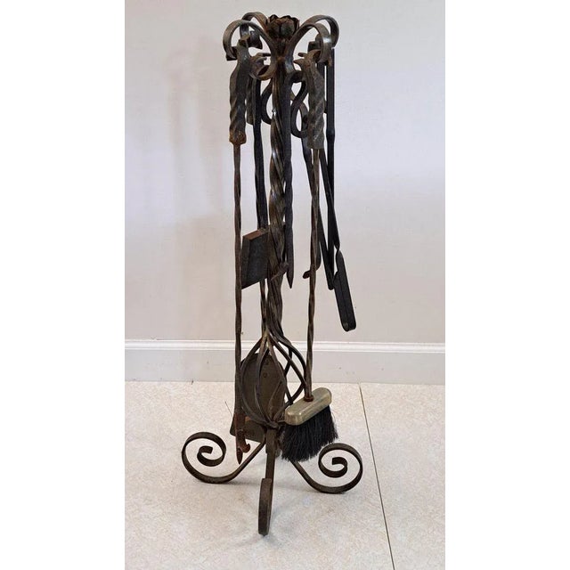 Gothic Vintage Wrought Iron Fireplace Tool Set with Stand Twisted Metal & Flower Design- 7 Pieces For Sale - Image 3 of 10