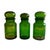 A striking trio of Belgian cobalt green apothecary jars, their rich translucent glass wrapped in delicate gilt ornamental...