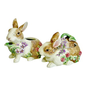1990s Hollywood Regency Majolica Trompe L’Oeil Flora Bunny Fitz & Floyd Creamer & Sugar - Easter
