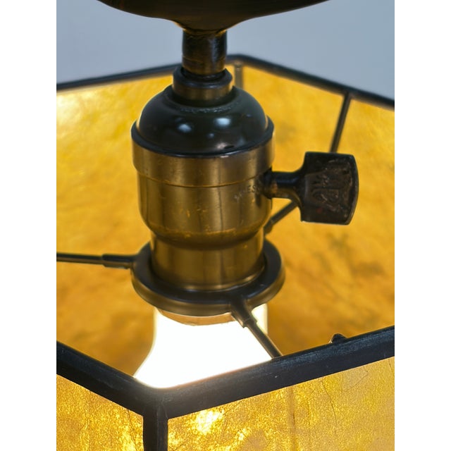 Brass 1910s Elaborate Bent Brass and Wrought Iron Spanish Revival Floor Lamp With Golden Mica Shade For Sale - Image 8 of 11