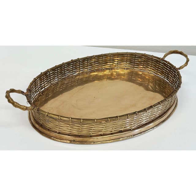 Mid 20th Century Vintage Brass Handled Tray With Basketweave Detail For Sale - Image 5 of 10