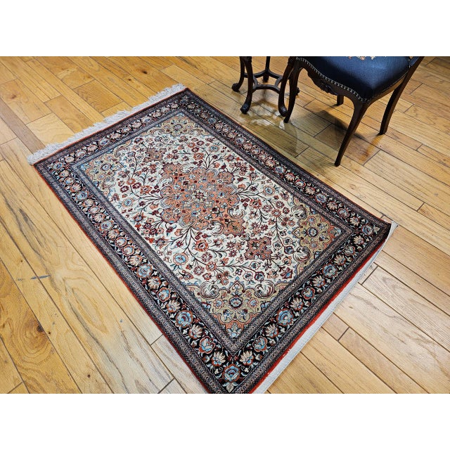 Vintage Persian Qum Area Rug, Hand-Knotted Silk, Floral Pattern, Ivory & Navy, 3x5 For Sale In Chicago - Image 6 of 18