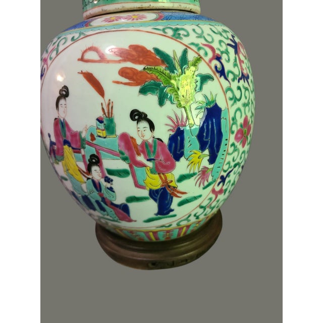 Vintage Asian Figural Famille Rose Ginger Jar Table Lamp For Sale - Image 4 of 12