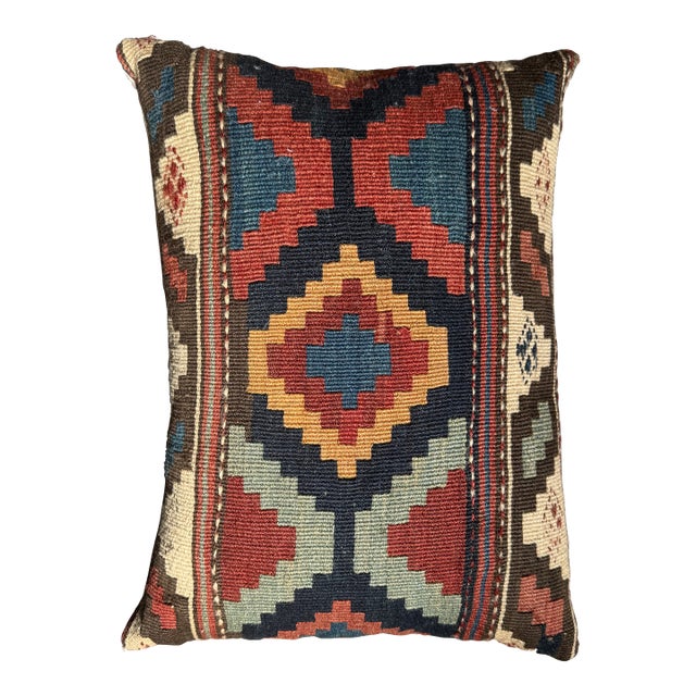 Multicolor Geometric Accent Pillow Made From 19th Century Handwoven Wool Ghashghai Kilim Rug For Sale