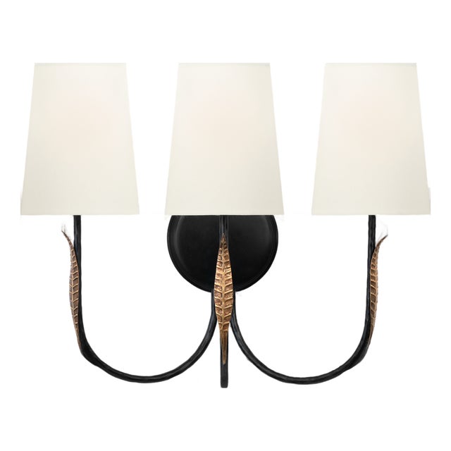 Thomas O'Brien for Visual Comfort Signature Kairos 14" Triple Sconce in Aged Iron and Roman Bronze with Linen Shades For Sale