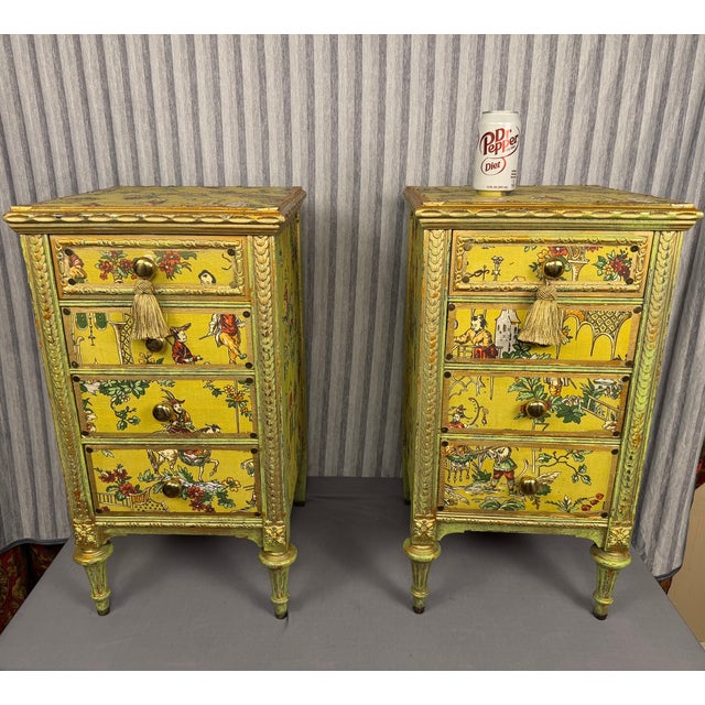 Wood Early 20th Century Venetian Style Chartreuse Chinoiserie Cabinets / Nightstands - A Pair For Sale - Image 7 of 16
