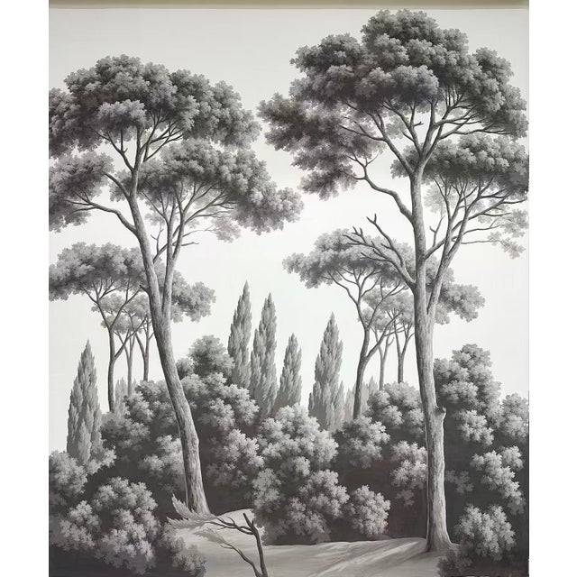 1: Commodity: Hand-Painted Vintage Greyscale Pine Tree Scenic Wall Mural 2: Handicrafts: 100% handmade and hand-painted....