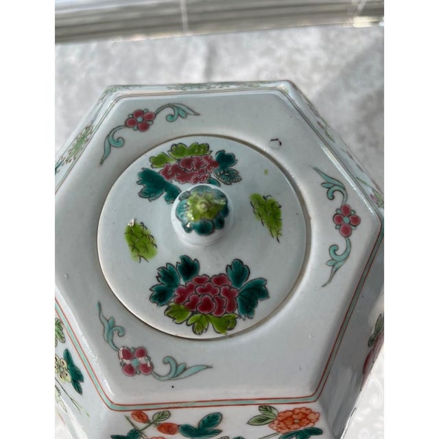 Chinese Vintage 14 Chinese Famille Rose Hexagonal Ginger Jar Peony Millefleurs For Sale - Image 3 of 8