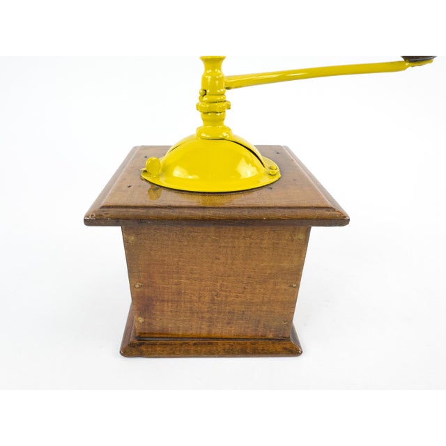Antique Peugeot Frères Wooden Coffee Grinder With Yellow Handle – Early 20th Century For Sale - Image 9 of 12