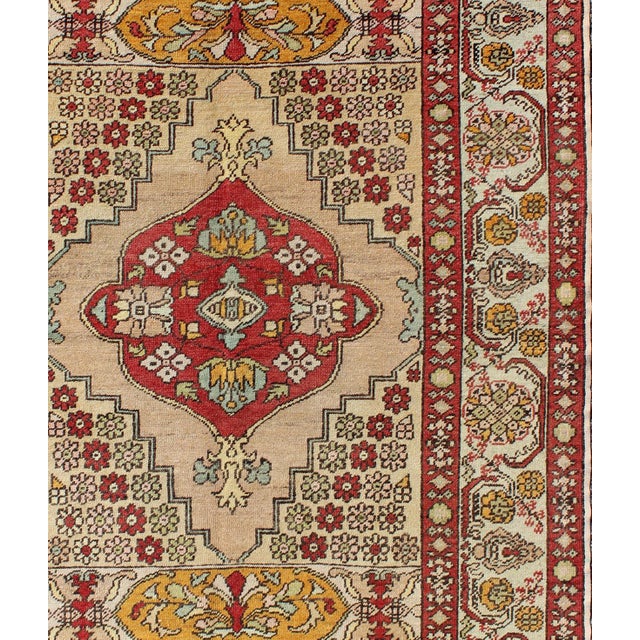 Antique Colorful Oushak Rug with medallion and sub floral design in red, gold, cream, Keivan Woven Arts/ rug/ OSM-04,...
