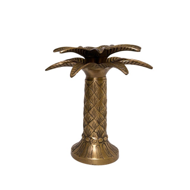 Pair of vintage, Mid-Century modern, Art-Deco style, etched-brass palm tree candle stick holders. Solid and heavyweight....