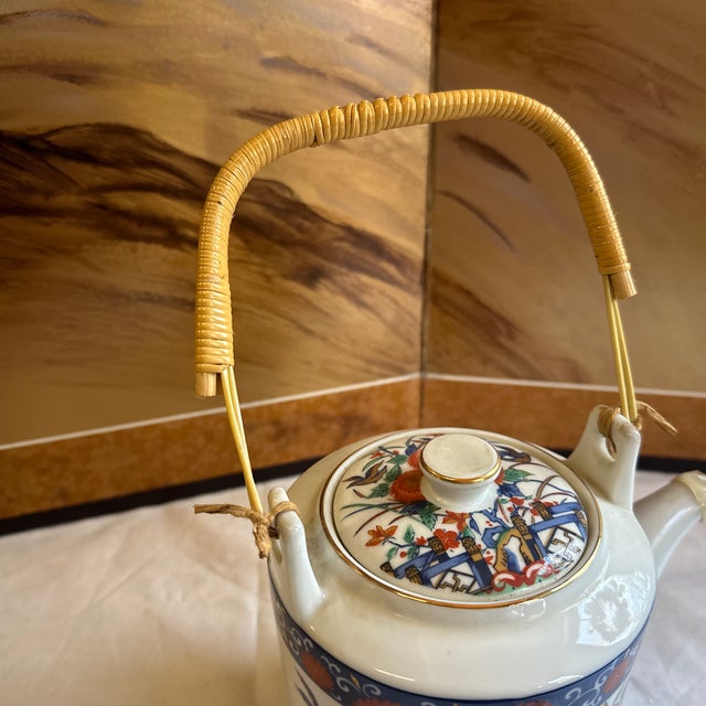 Vintage Asian Style Ceramic Teapot With Wicker Handle For Sale In Atlanta - Image 6 of 9
