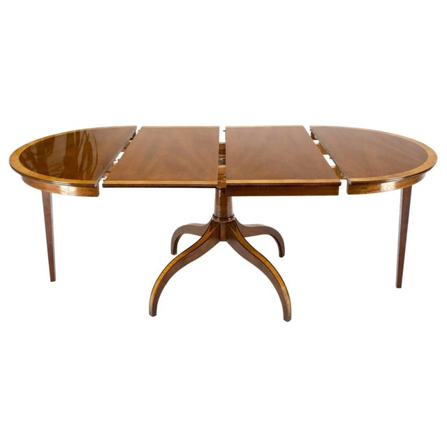 Charak Lacquered Mahogany Banded Round Dining Table w/ 2 Leaves Inlaid Legs For Sale - Image 13 of 13