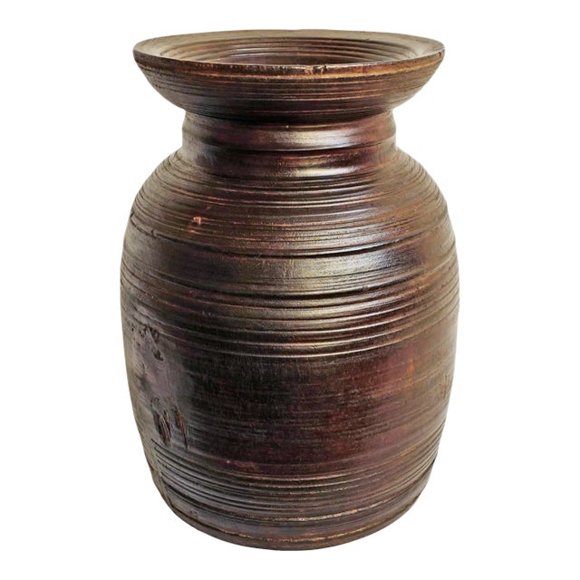 Vintage India Wood Rustic Pot For Sale