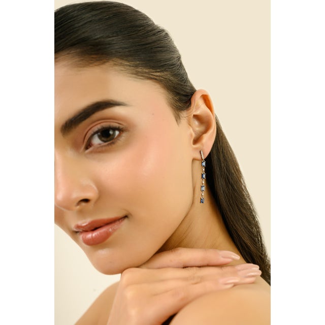 Contemporary 14k Gold Linear 1.78Ct Sapphire Drop Earrings With Diamonds- 2 Pieces For Sale - Image 4 of 10