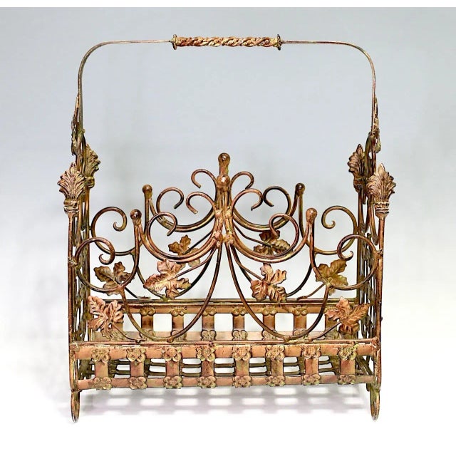 Metal Rare Italian Wrought Iron Copper Gold Toned Magazine Stand With Rosettes and Leaves For Sale - Image 7 of 7