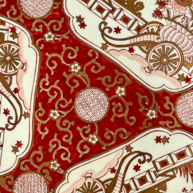 Antique Japanese 18” Large Red / Gold Imari Porcelain Charger Wall Plate W/ Iron Cart Motifs For Sale In San Diego - Image 6 of 8