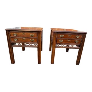 Late 20th Century Pair of Chippendale Style Altavista Virginia Inlaid Side End Tables by Lanes For Sale