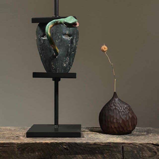 Antique Mexican Dance Mask – Hand Carved Polychrome Mask with Snake (Guerrero Region) Dimensions: 6.75” H x 7.75” D x...