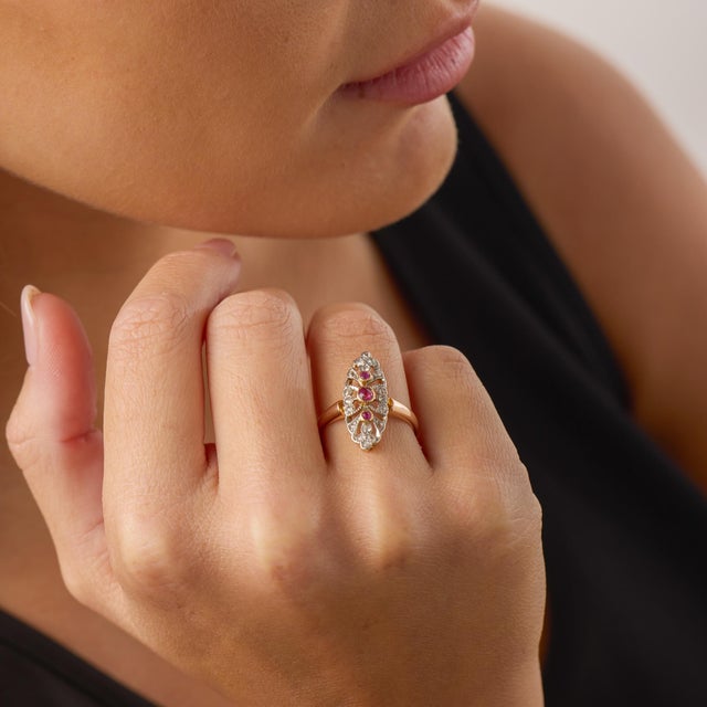 1910s 1910s French Belle Époque Ruby Diamond 18k Rose Gold Navette Ring, Size 7.25 For Sale - Image 5 of 7