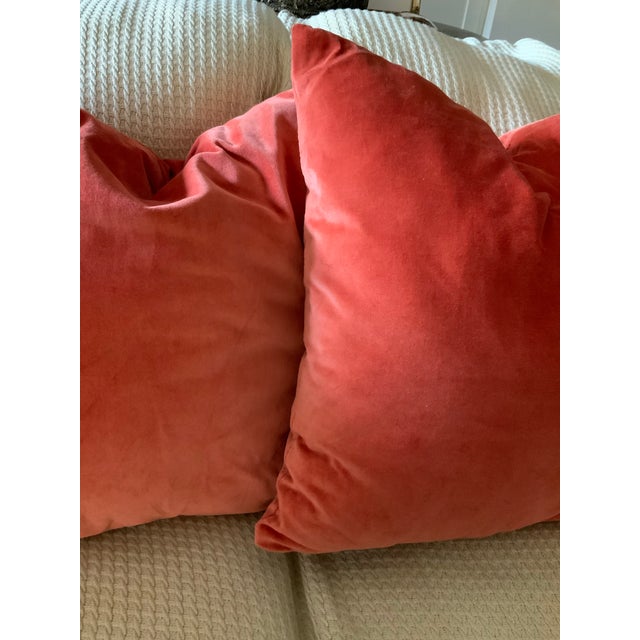2000 - 2009 Soft Vintage Velvet Orange/Coral/Melon Pillows, a Very Versatile Pair for Coastal, Cottage Core, Palm Beach Regency or Traditional Decor For Sale - Image 5 of 5