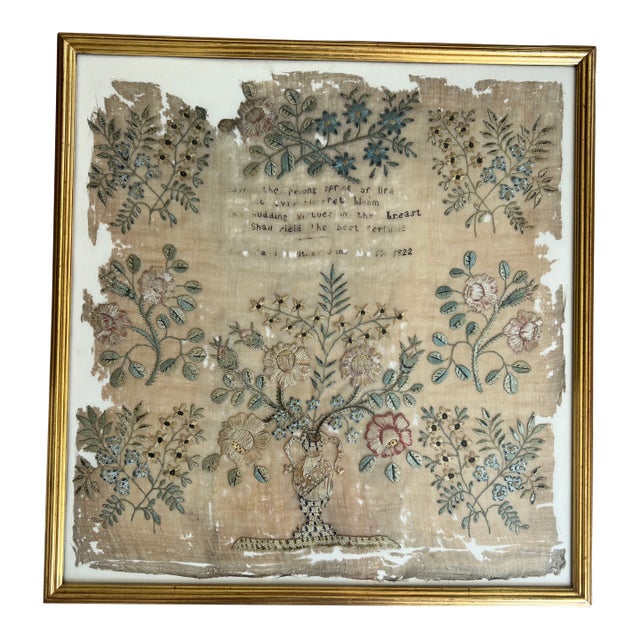 1822 Fine Silk Floral Embroidery Signed and Framed With Provenance on Verso For Sale