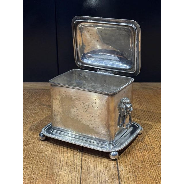 Metal English Silver-Plated Tea Caddy with Lion's Head Handles For Sale - Image 7 of 13
