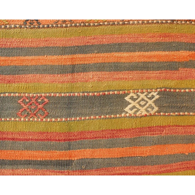 Orange Colorful Vintage Embroidered Kilim With Stripe's and Geometric Motifs 6' X 12 For Sale - Image 8 of 11