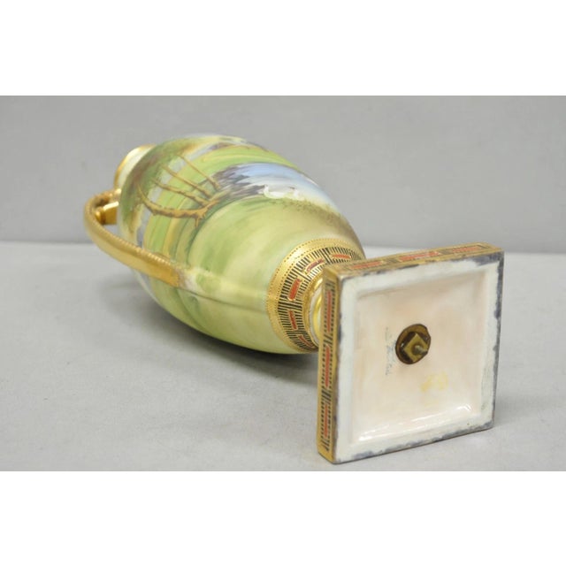 Antique Nippon Hand Painted Twin Handled Gold Gilt Lake & Swan Scene Bolted Vase For Sale - Image 16 of 17