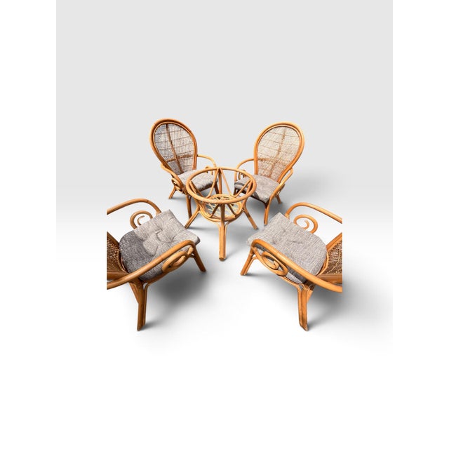 English Vintage Palm Beach Bent Rattan & Bamboo Dining Set With Glass Top & 4 Armchairs For Sale - Image 3 of 12