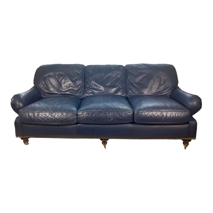Late 20th Century Hancock & Moore Navy Leather Sofa With Nailhead Trim